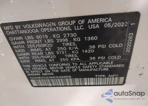 2022 Volkswagen Atlas 3.6L V6 Se W/Technology from USA, damaged, VIN 1V2HR2CA3NC546658